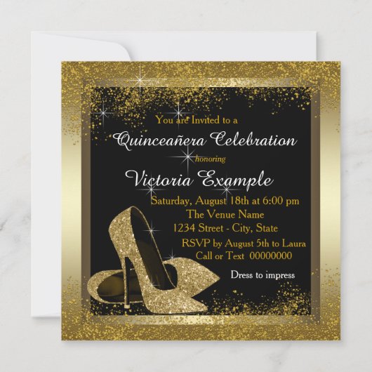 Quinceañera, Schwarz und Gold High Heel Shoel Einladung (Rückseite)
