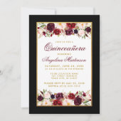 Quinceanera Schwarz-weiß Gold Burgund Floral Einladung (Vorderseite)
