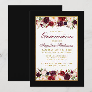 Quinceanera Schwarz-weiß Gold Burgund Floral Einladung