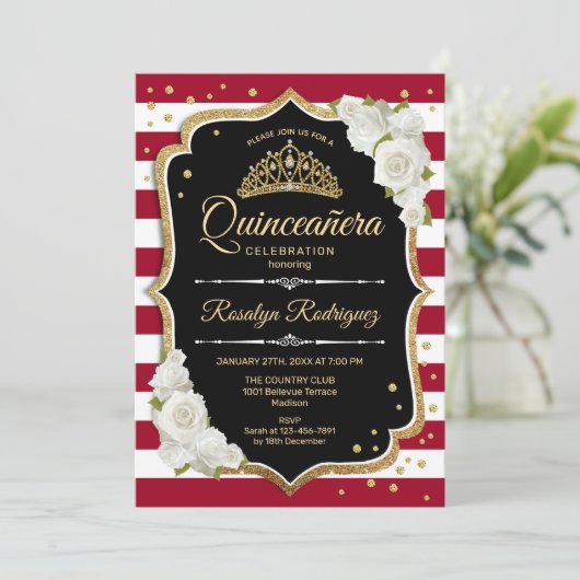 Quinceanera - Schwarz-Weiß-Gold Einladung (Stehend Vorderseite)