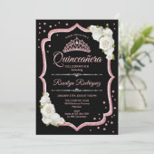Quinceanera - Schwarz-weiße Rose Gold Einladung (Stehend Vorderseite)