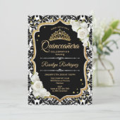 Quinceanera - Schwarz-weißes Gold Einladung (Stehend Vorderseite)