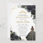 Quinceañera Schwarze Flora Rose Prinzessin Goldkro Einladung (Vorderseite)