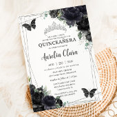 Quinceañera Schwarze Flora Rose Prinzessin Silver Einladung