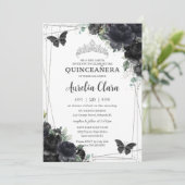 Quinceañera Schwarze Flora Rose Prinzessin Silver Einladung (Stehend Vorderseite)