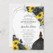 Quinceañera Schwarze Flora Rose Sonnenblumen Silve Einladung (Vorderseite)