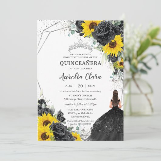 Quinceañera Schwarze Flora Rose Sonnenblumen Silve Einladung (Stehend Vorderseite)