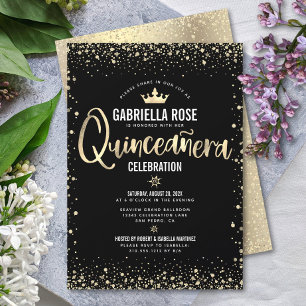 Quinceañera-Schwarze Gold-Glitter-Folie-Prinzessin Einladung