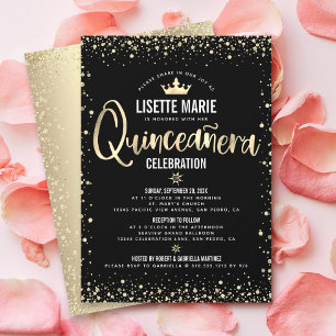 Quinceañera-Schwarze Goldfolie Glitter Prinzessinn Einladung