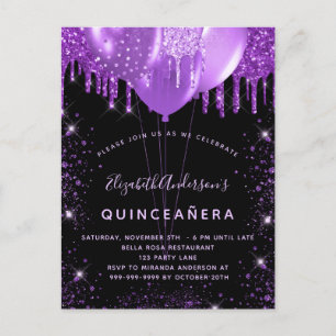 Quinceanera schwarze lila Glitterstaub Ballons Einladungspostkarte
