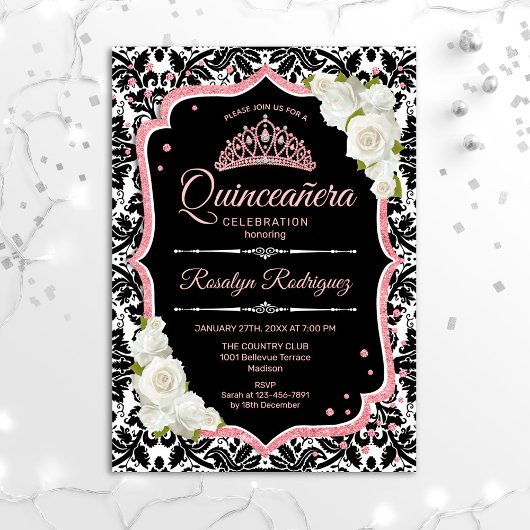 Quinceanera - Schwarze Rose Gold Einladung
