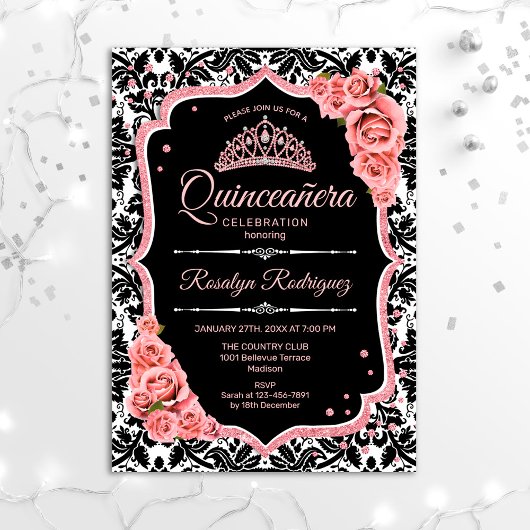 Quinceanera - Schwarze Rose Gold Einladung