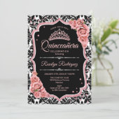 Quinceanera - Schwarze Rose Gold Einladung (Stehend Vorderseite)