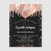 Quinceanera schwarze Rose Goldballon Glitzer Luxus Magneteinladung (Vorderseite)