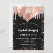 Quinceanera Schwarze Rose Goldballon Glitzer Tropf Einladung (Vorderseite)