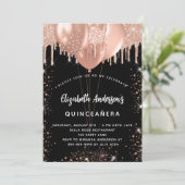 Quinceanera Schwarze Rose Goldballon Glitzer Tropf Einladung (Stehend Vorderseite)