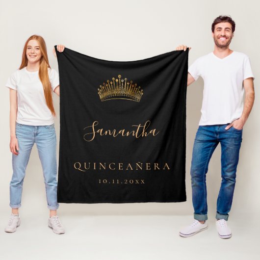 Quinceanera schwarzer Goldtiara-Kronname Fleecedecke (Beispiel)