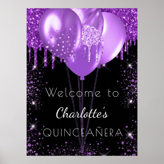 Quinceanera Schwarzer lila Glitzer Begrüßungsballo Poster (Vorne)
