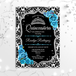 Quinceanera - Schwarzes blaues Silber Einladung