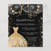 Quinceanera schwarzes Gold Kleid Blumen Einladung Flyer (Vorne)
