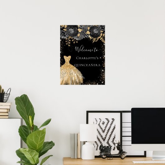 Quinceanera Schwarzes Gold Kleid Blumenempfang Poster (Heimbüro)