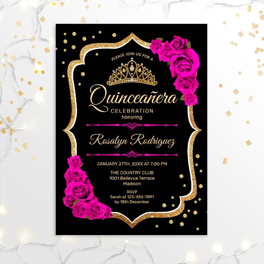 Quinceanera - Schwarzes Gold Pink Einladung