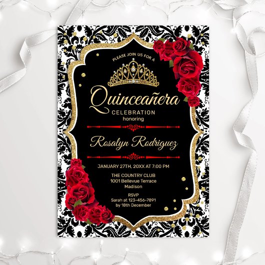 Quinceanera - Schwarzes Gold Red Einladung