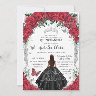 Quinceañera Schwarzes Kleid Rote Blumen Vintage Si Einladung