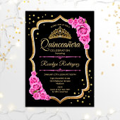 Quinceanera - Schwarzes Rosa Gold Einladung