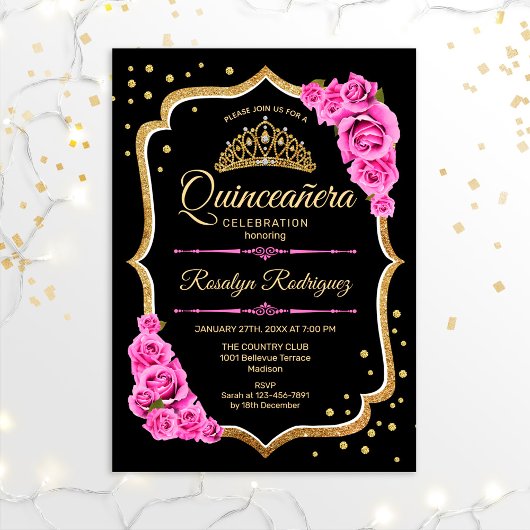 Quinceanera - Schwarzes Rosa Gold Einladung