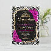 Quinceanera - Schwarzes Rosa Gold Einladung (Stehend Vorderseite)