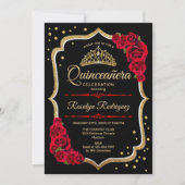 Quinceanera - Schwarzes Rotes Gold Einladung (Vorderseite)