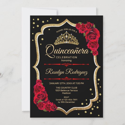 Quinceanera - Schwarzes Rotes Gold Einladung (Vorderseite)