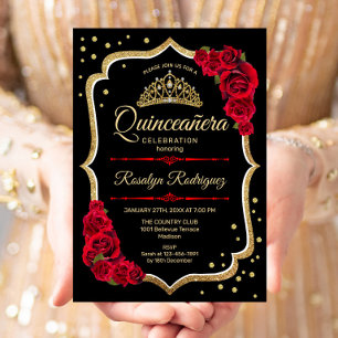 Quinceanera - Schwarzes Rotes Gold Einladung