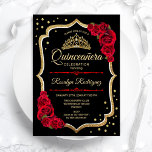 Quinceanera - Schwarzes Rotes Gold Einladung<br><div class="desc">Gold Schwarz-weiße Quinceanera Feier Einladung. Enthält Skript-Schriftart,  rote Rosen,  Tiara und Konfetti. Klassisches Design mit Imitaten Glitzer Gold. Ideal für eine elegante Glamour.</div>