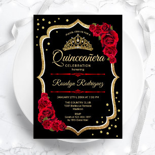 Quinceanera - Schwarzes Rotes Gold Einladung