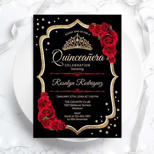 Quinceanera - Schwarzes Rotes Gold Einladung