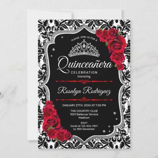 Quinceanera - Schwarzes Rotes Silber Einladung (Vorderseite)