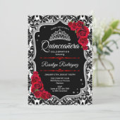 Quinceanera - Schwarzes Rotes Silber Einladung (Stehend Vorderseite)
