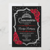 Quinceanera - Schwarzes Silber Rot Einladung (Vorderseite)
