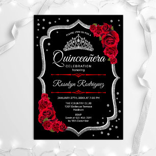 Quinceanera - Schwarzes Silber Rot Einladung