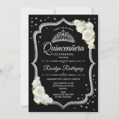 Quinceanera - Schwarzes Silber Weiß Einladung (Vorderseite)