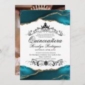Quinceañera Script Turquoise Agate Foto 15. Einladung (Vorne/Hinten)