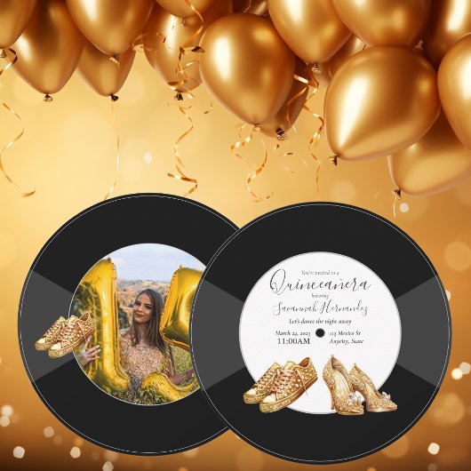 Quinceañera Shoes Vinyl Record Foto Golden Einladung