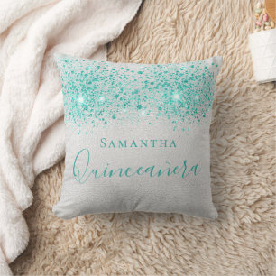 Quinceanera silber aquamarine Glitzer Namen Kissen