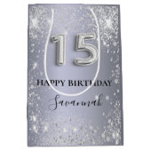 Quinceanera Silber Glitzer Monogramm Geburtstag Mittlere Geschenktüte (Vorderseite)