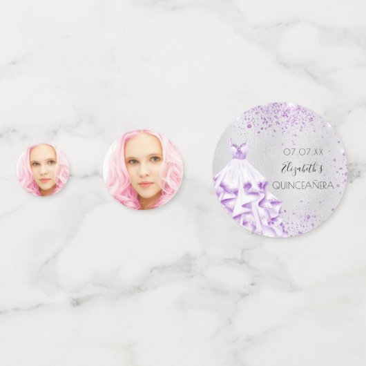 Quinceanera Silber lila Glitzer Kleid Foto Konfetti (Rückseiten)