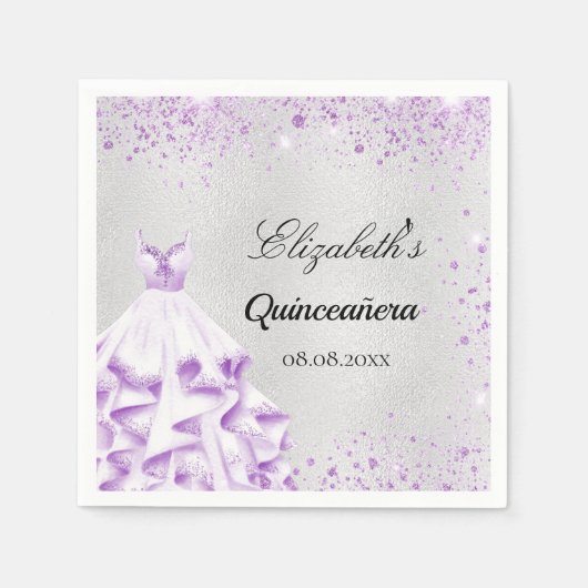 Quinceanera Silber lila Glitzer Kleid Serviette (Vorderseite)
