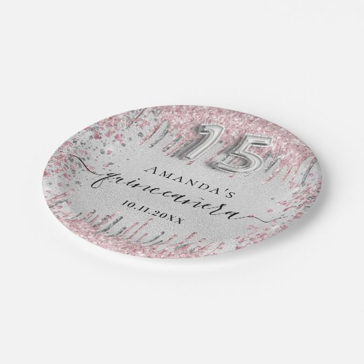 Quinceanera silber rosa Glitzer Tropfen Name Pappteller (Schrägansicht)