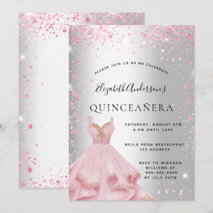 Quinceanera silber rosa Kleid Glitterstaub Einladung